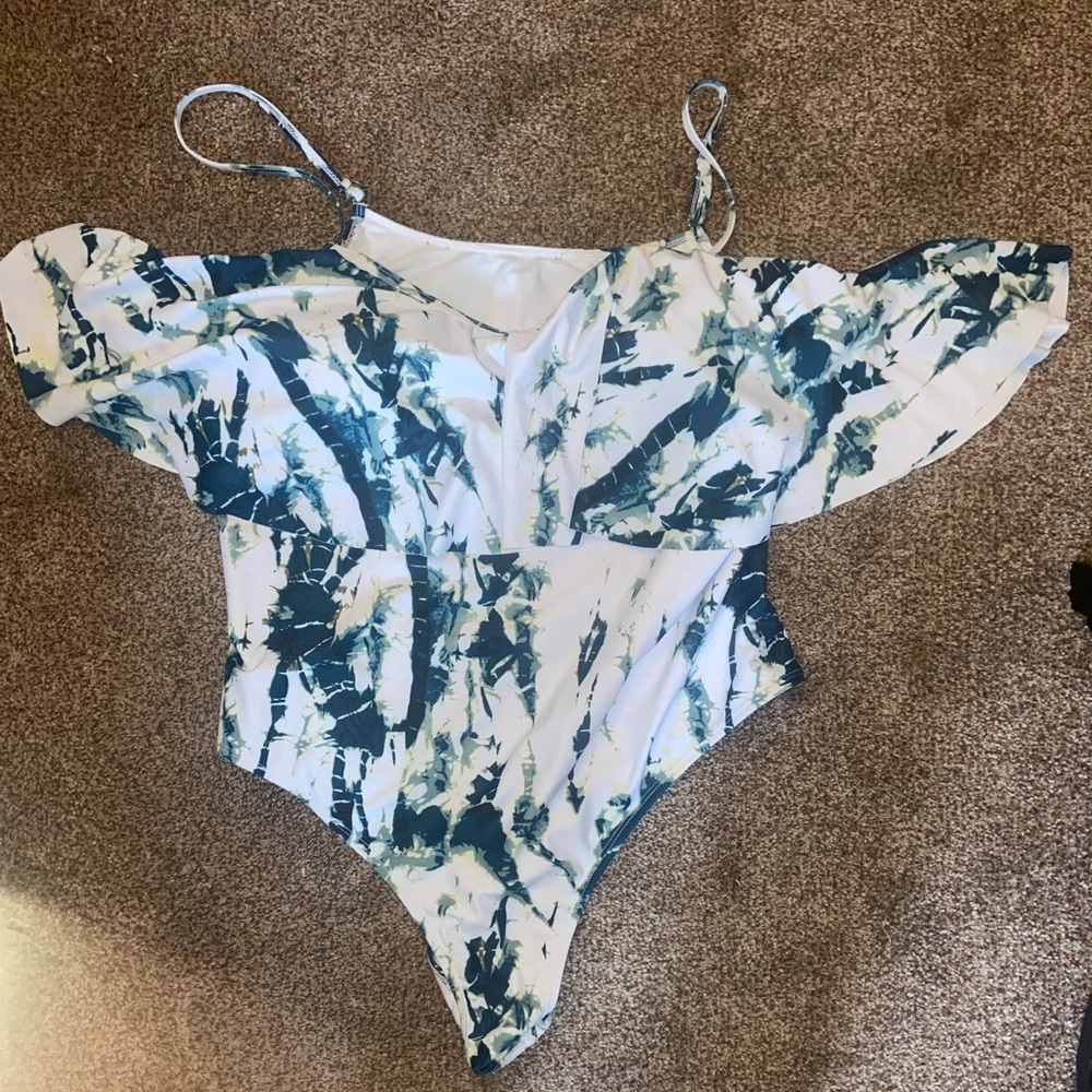 Never worn off the shoulder marble swimsuit